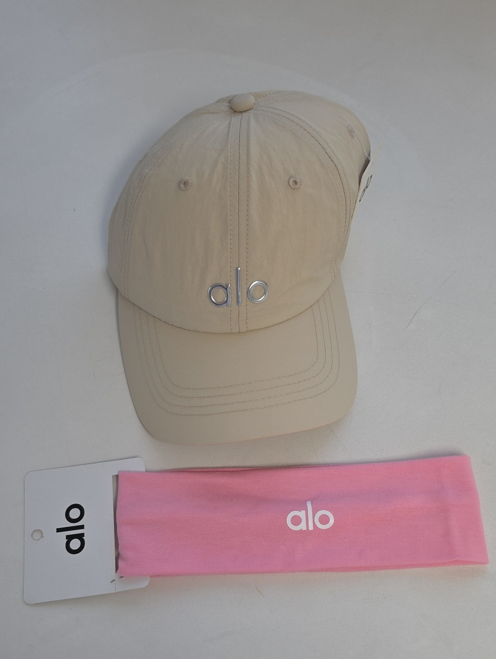 ALO Yoga Beige Baseball Cap with Pink Headband